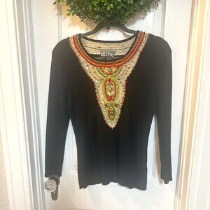Berek Black Long-sleeved Sweater w/Wooden Pattern Neck & Cuff-Size Large